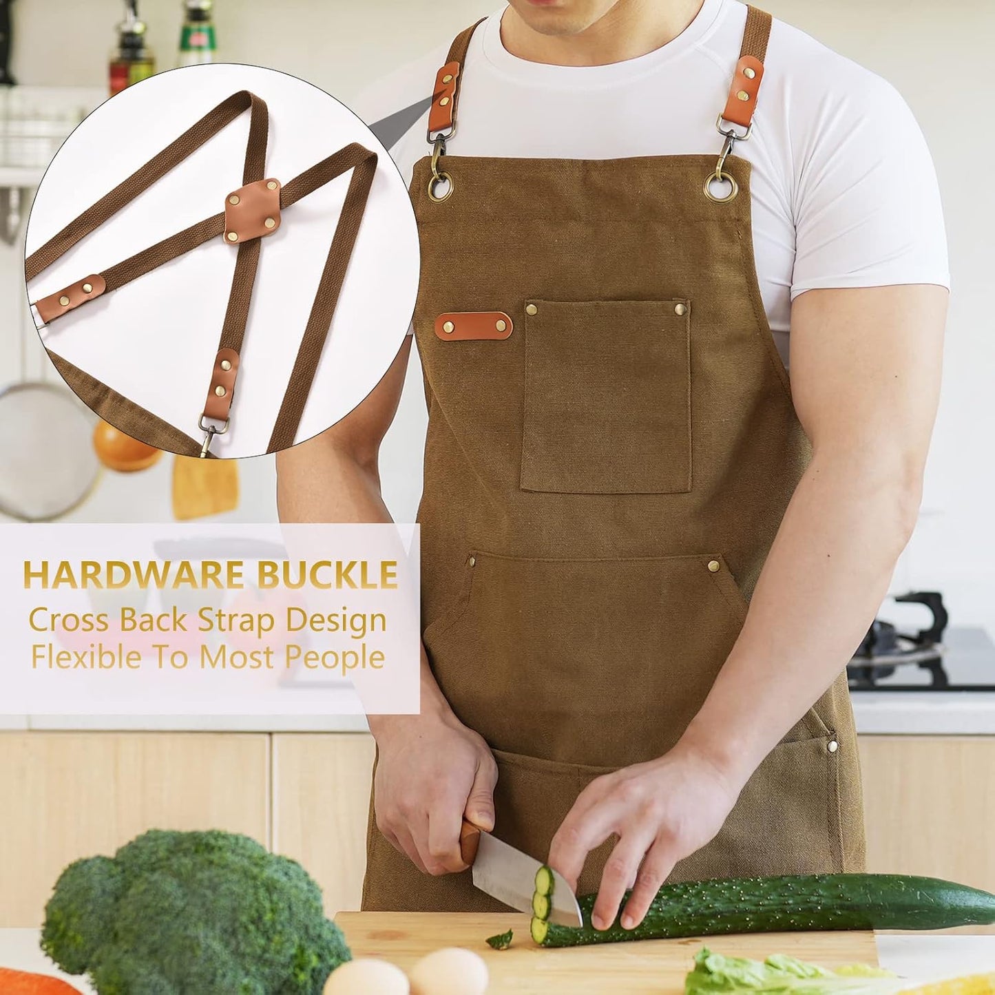 Canvas Aprons for Men Chef Apron, Work Apron with Large Pockets - 16oz Heavy Duty Cross Back, BBQ, Cooking