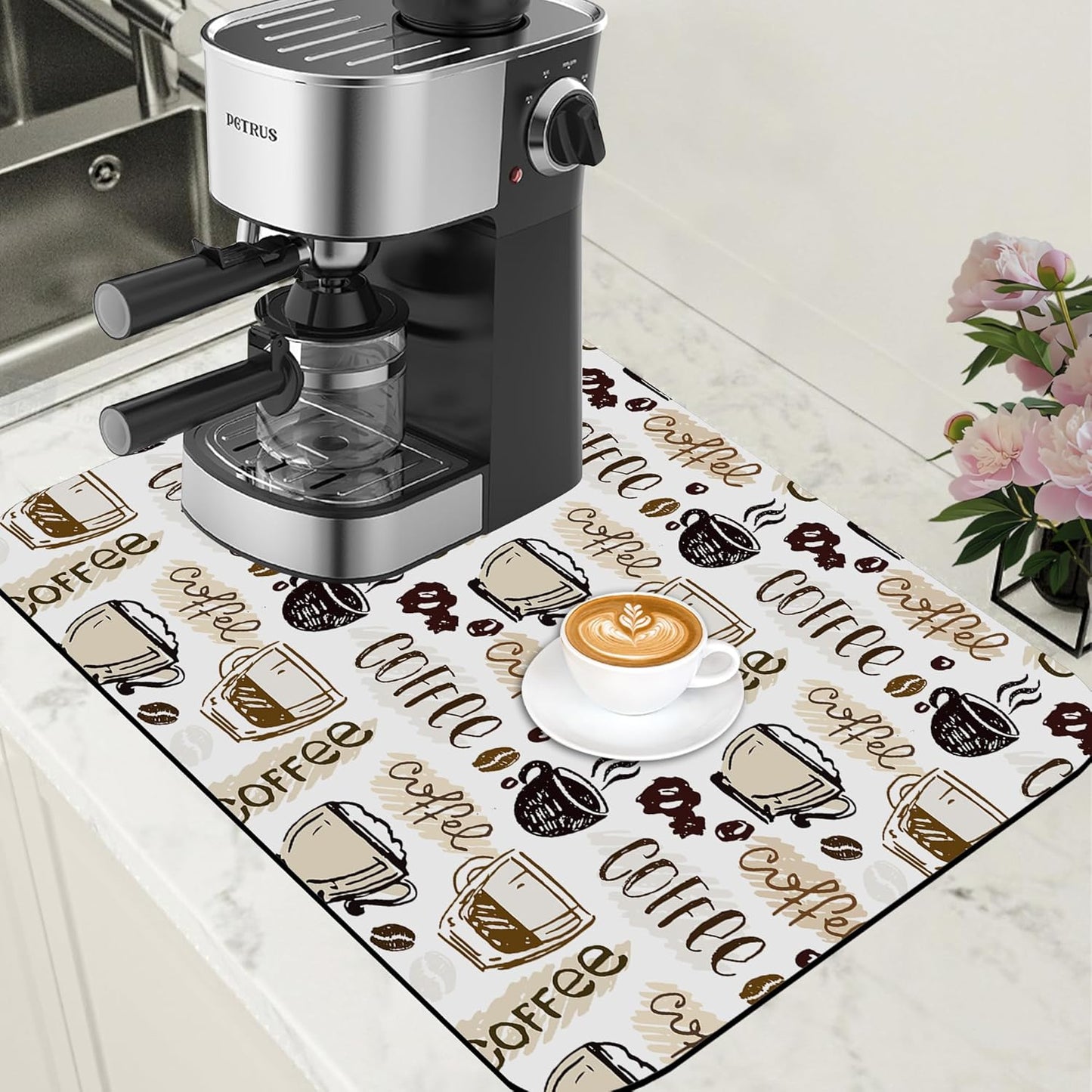 Coffee Cute Doodle Dish Drying Mat for Kitchen Counter Coffee Mat Hide Stain Absorbent Rubber Backed Drying Rack Pad Espresso Machine Cafe Table Accessories 15.7 x 23.6 Inch