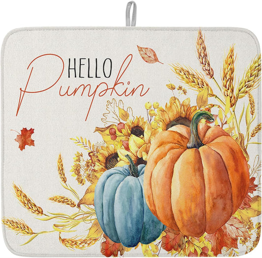 Fall Dish Drying Mat for Kitchen Counter Hello Pumpkin Drying Pad Absorbent Drying Mats for Countertops Sinks Draining Racks Sunflower Ears of Wheat Drainer Holiday Harvest Thanksgiving Decor 18x24