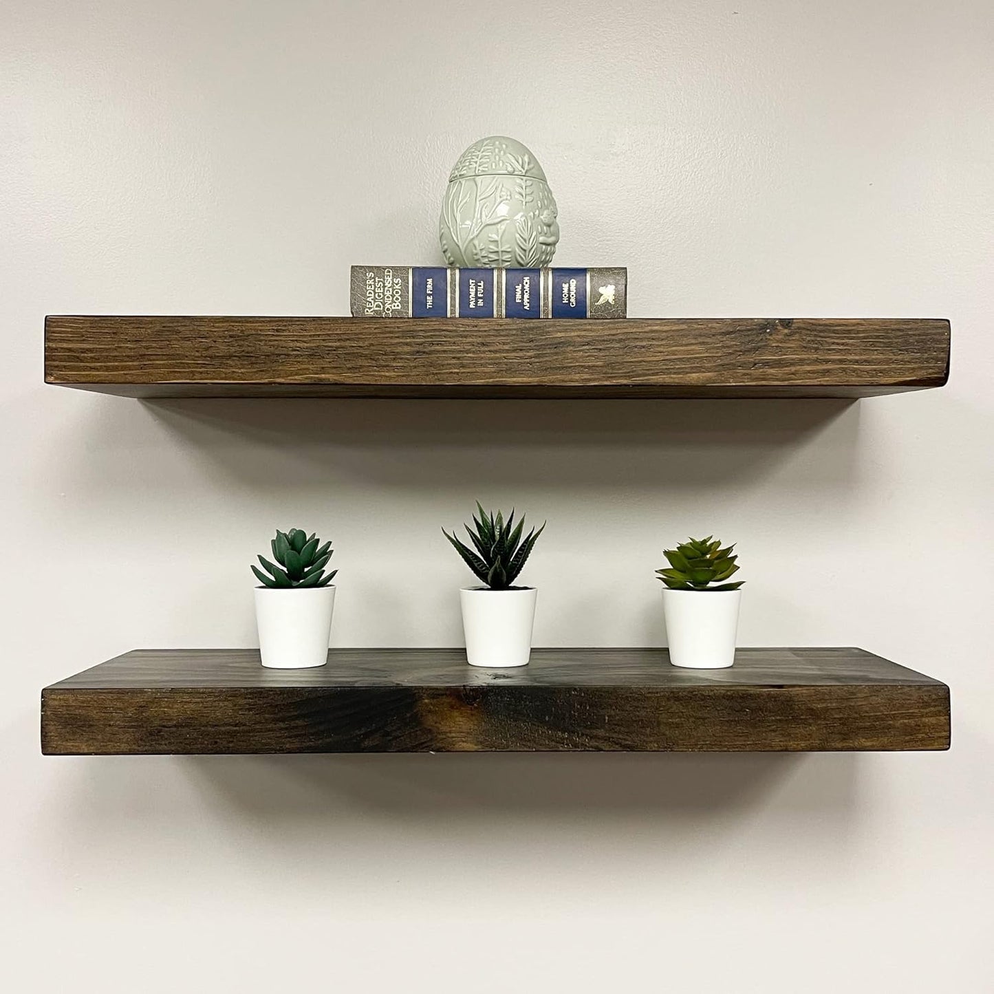 URBANDI, Rustic Floating Shelves, Set of 2, Hidden Bracket, Solid Wood, Heavy Duty, Wall Mounted Shelves, (Dark Brown, 12Wx10D)