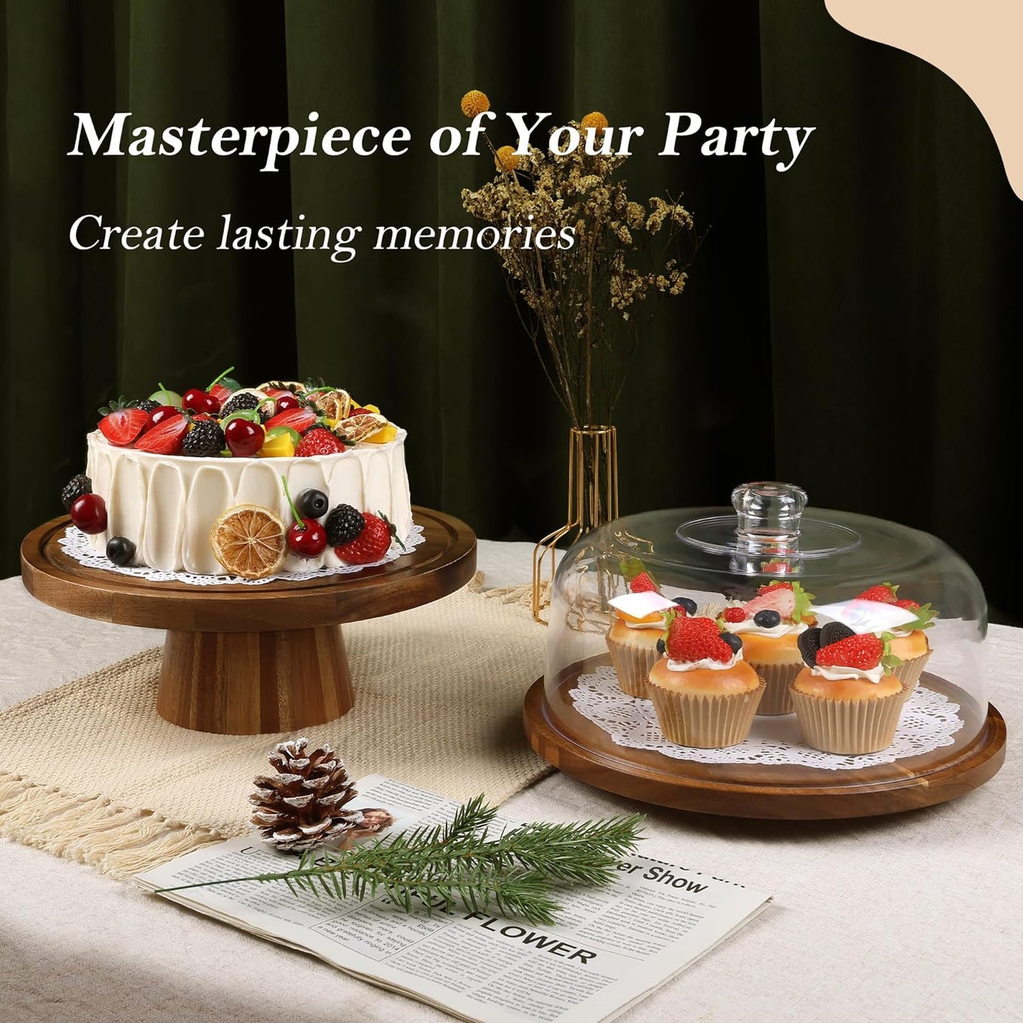 Bellsal Acacia Wood Cake Stand with Lid - 12in Round Cake Holder, 2-in-1 Dessert Table Display Set & Charcuterie Board for Cheese, Chips & Dips, Nachos, Fruit Platter, Large Acrylic Cake Dome Cover
