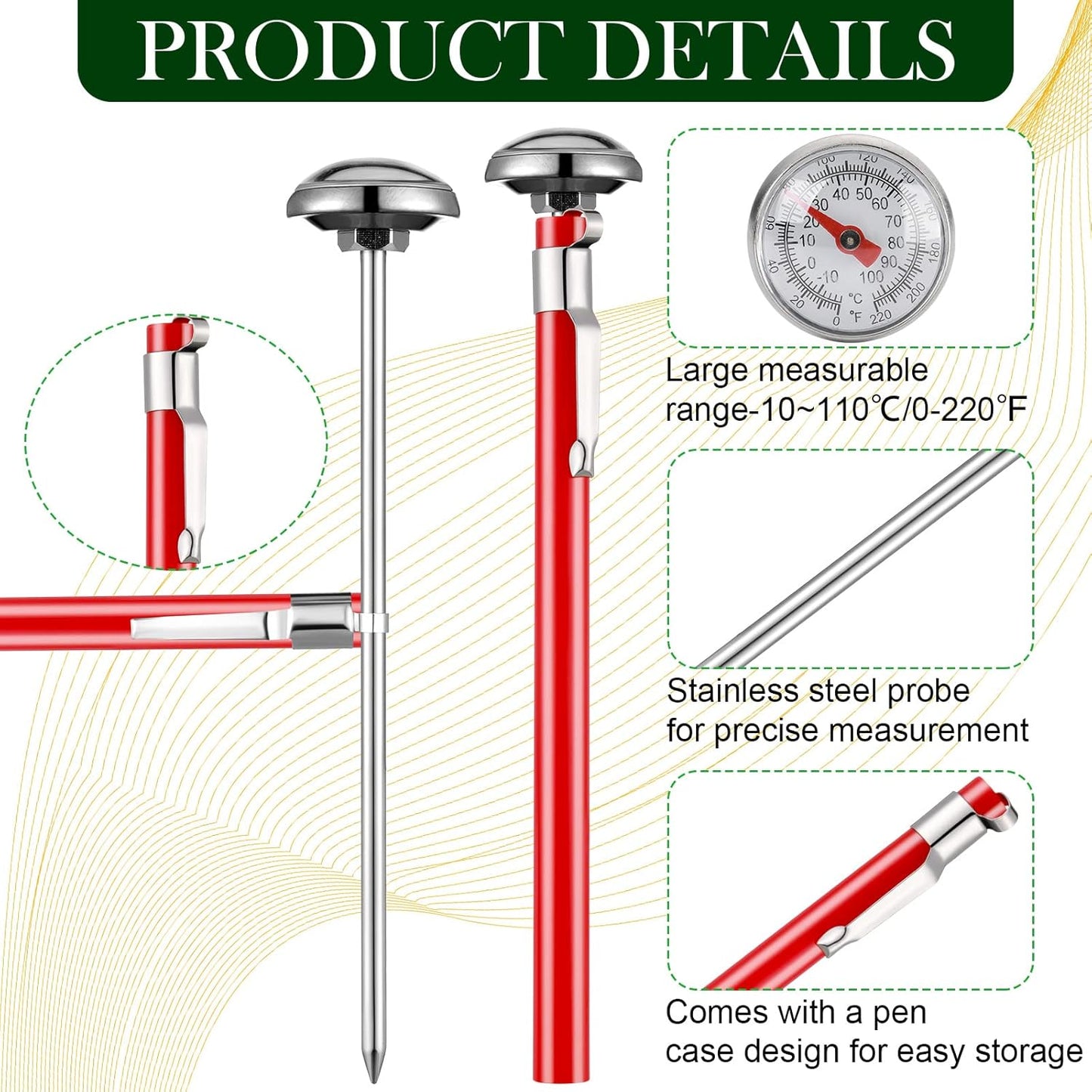 Xuhal 4 Pieces Stainless Steel Kitchen Pocket Thermometer Immediate Read 1 Inch Dial Food Thermometer with 4 Pcs Sleeves for Milk Frothing Oven Meat Cooking Probe Water Grill Coffee BBQ