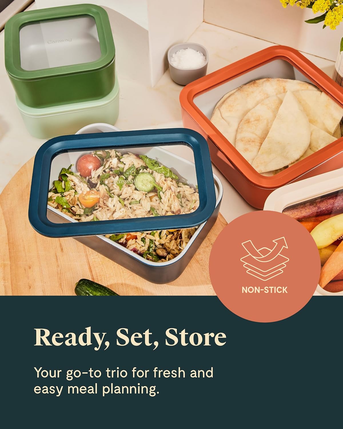 Caraway 3pc Glass Food Storage Set - 10, 6.6, & 4.4 Cup Containers - Ceramic Coated - Non-Toxic Non-Stick Lunch Box With Glass Lids - Dishwasher, Oven, & Microwave Safe - Gray