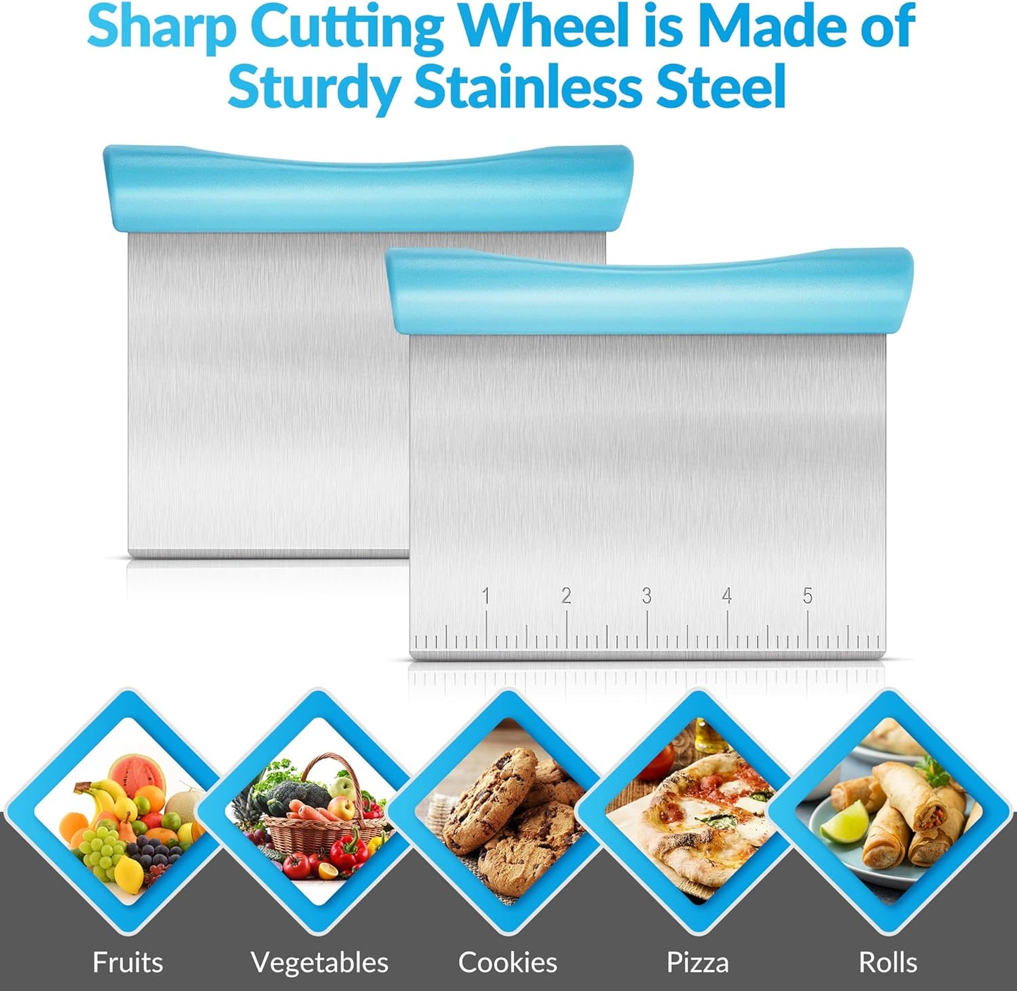 Rainspire Bench Scraper, Stainless Steel Dough Scraper, Pastry Scraper, Pizza and Dough Cutter Multi-Purpose Scraper/Chopper, Pizza Cutter Food Chopper Baking Supplies Kitchen Gadgets, Blue