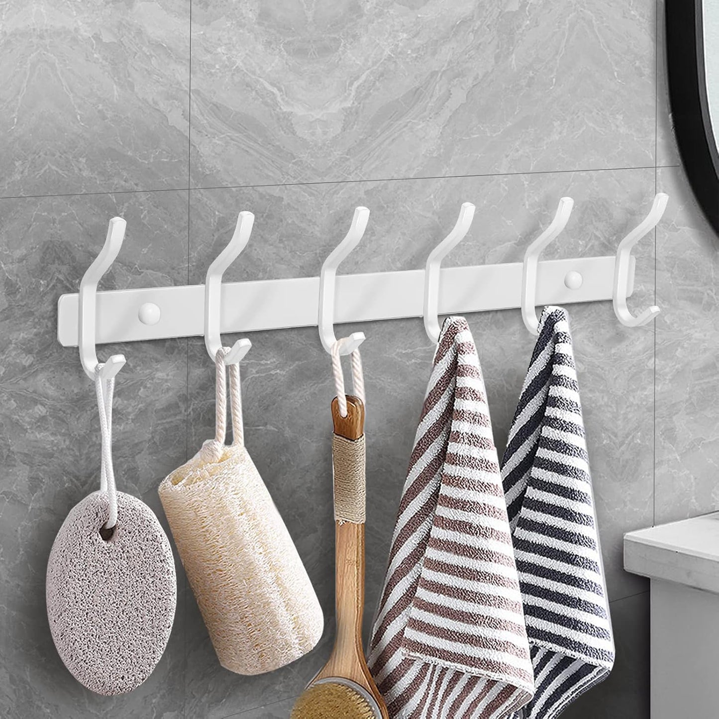White Wall Hooks Heavy Duty, 17 Inch Coat Hooks Wall Mount with 6 Hooks, Wall Hooks Hangers for Entryway, Bathroom - for Hanging Backpack, Bag, Coat, Purse, Hat, Towel, Clothes