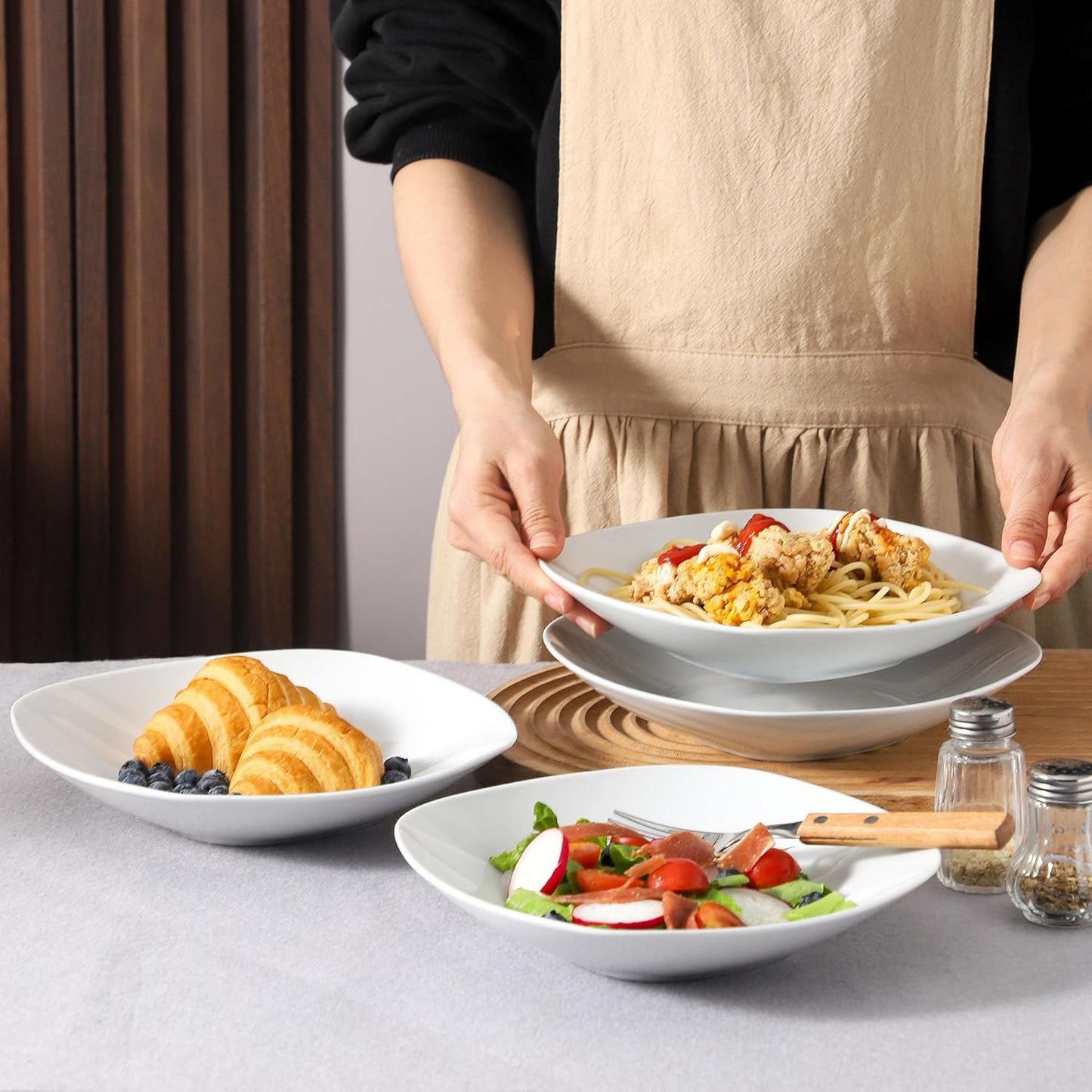 fMBB Ceramic Large Soup Bowls, 8.6 Inches, Modern 4-Piece Deep Salad Plates Set, Porcelain Square Plates, for Fruit, Cereal, Dessert, Snack - White