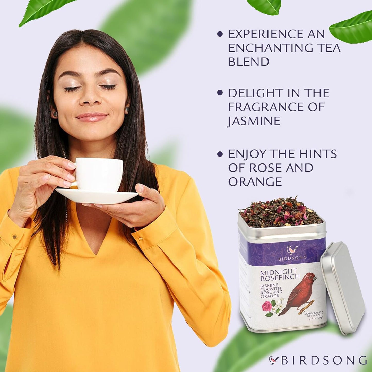 Birdsong Midnight Rosefinch: Organic Jasmine Green Tea with Rose and Orange, Light, Refreshing, Soothing Natural Tea with Citrus and Honey Notes, Medium Caffeine, Loose Leaf Hot Tea
