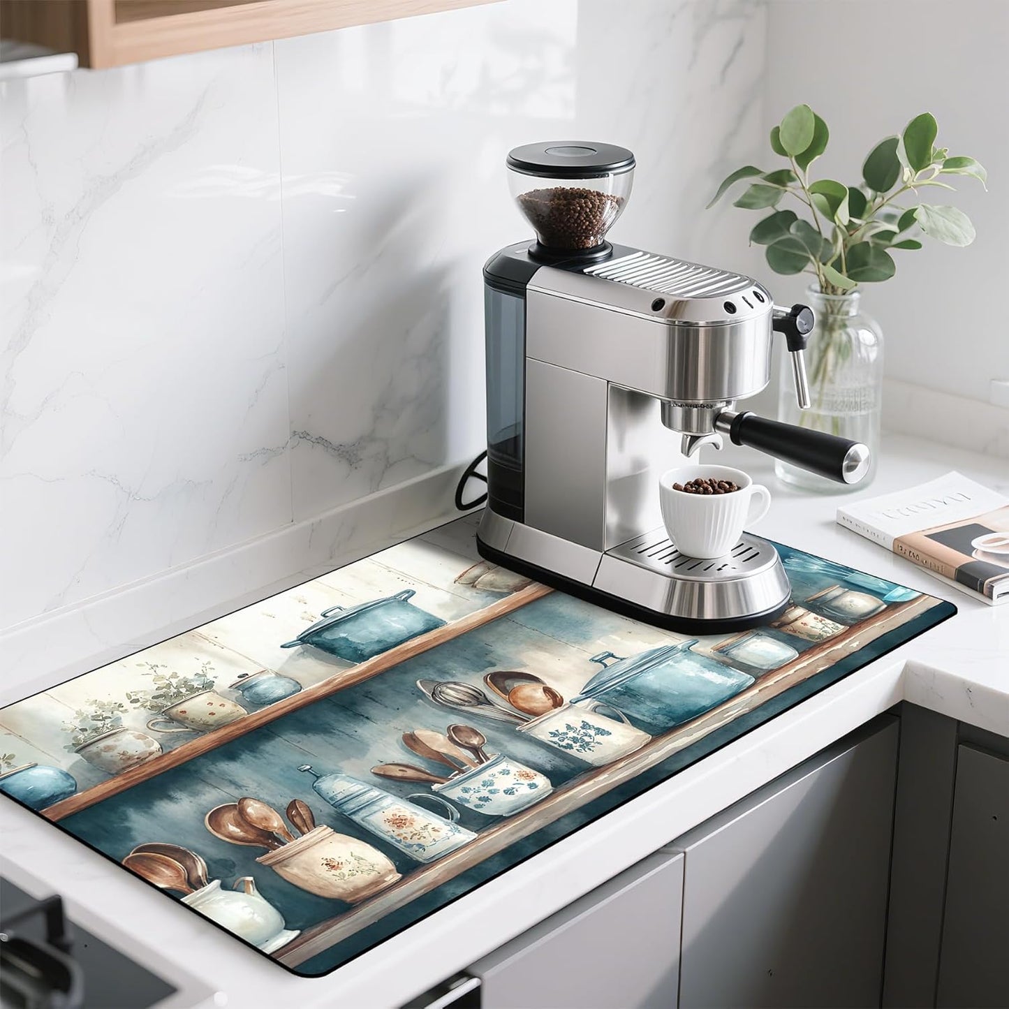 17"x 32" Coffee Bar Mat, Kitchen Shelves Absorbent Dish Drying Mat Cuttable Hide Stain Draining Table Pad for Kitchen Counter, Coffee Bar Accessories