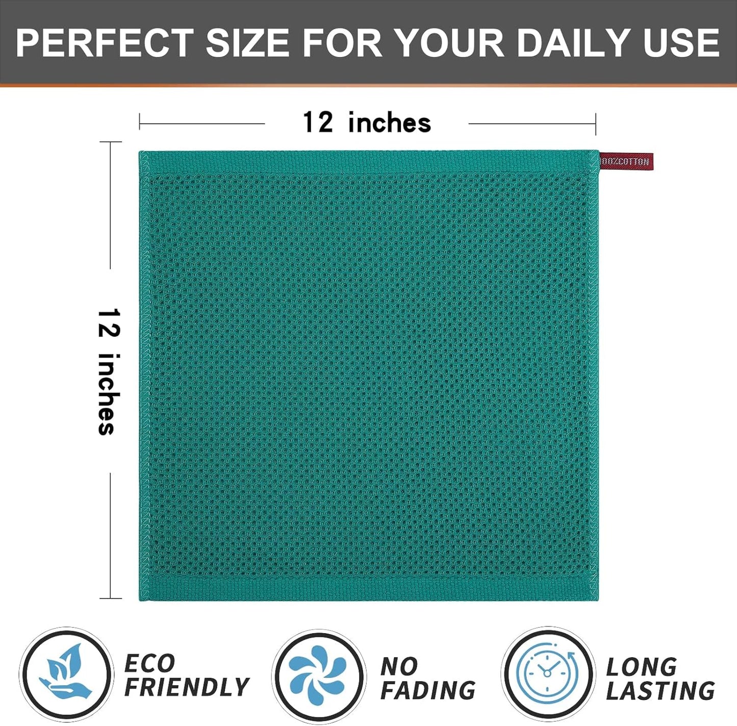 Kitinjoy 100% Cotton Kitchen Dish Cloths, 8 Pack Waffle Weave Ultra Soft Absorbent Dish Towels for Drying Dishes Quick Drying Kitchen Towels Dish Rags, 12 X 12 Inches, Teal