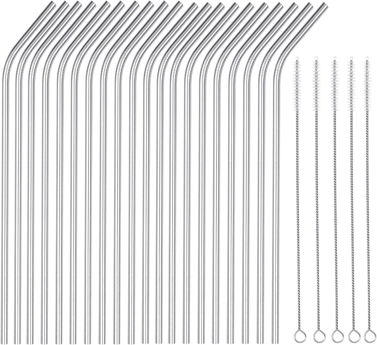 25 Piece Set Stainless Steel Straws Long 8.5 Inch Drinking Metal Straws Reusable Drinking Straws for 20 OZ (20 Bent|5 Brushes)