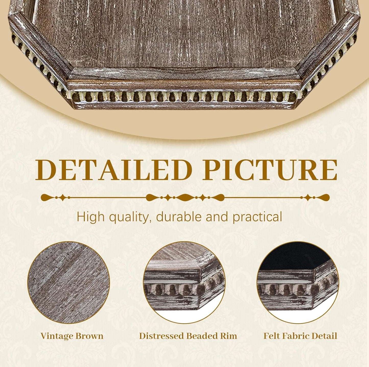 MAONAME Wood Serving Tray, Farmhouse Wooden Tray for Coffee Table, Octagonal Beaded Trays, Vintage Brown Decorative Trays for Living Room, Kitchen, 15.7" X 10.2" X 1.6"