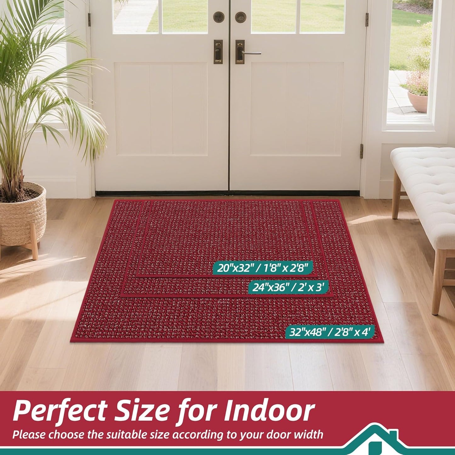 BEQHAUSE Dirt Trapper Door Mat 24" x 36", Non-Slip Washable Doormats Entrance Mat, Dirt Resistant and Absorbent Welcome Mat, Low Profile Floor Mats for Front Back Door and Entryway, Red