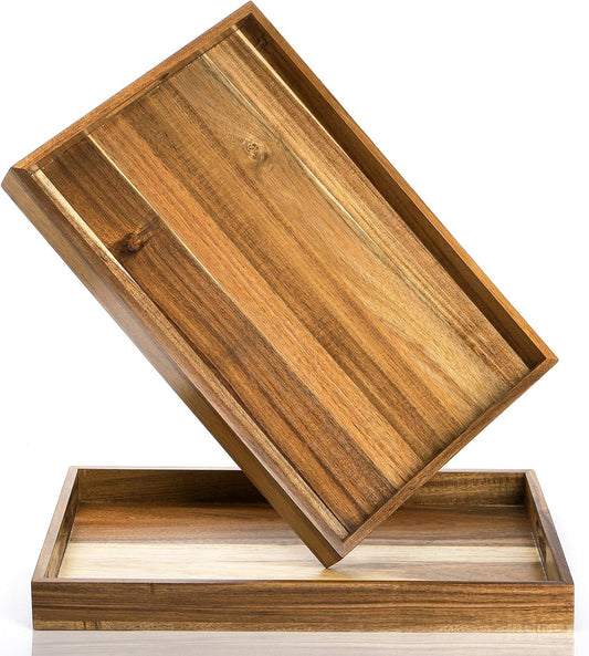 YOUEON 2 Pack Large Acacia Wood Serving Tray with Handles, 17x12 Inch Decorative Wood Trays for Serving Food, Party, Rectangle Ottoman Tray, Coffee Table Trays for Bed, Living Room, Kitchen