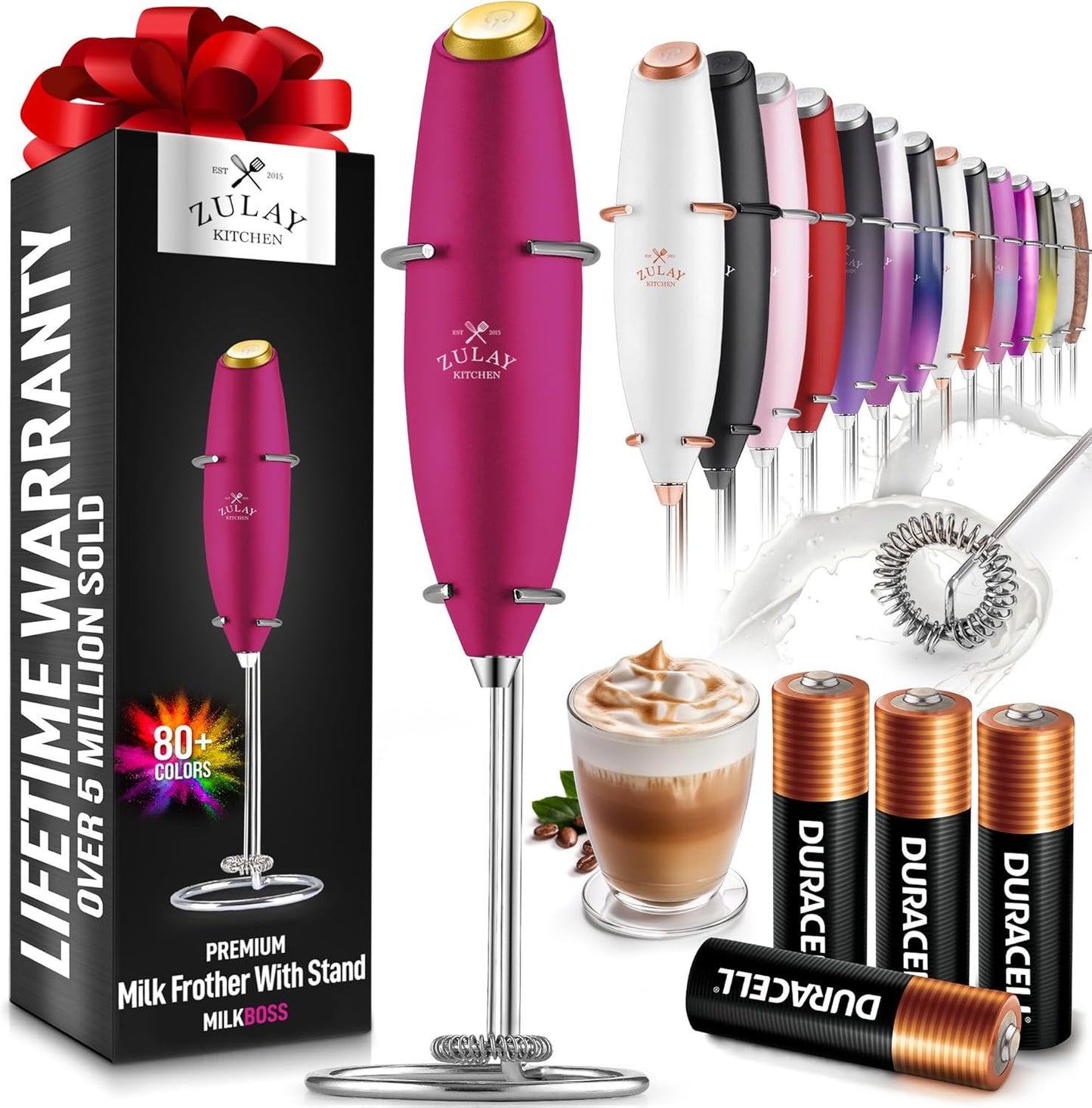 Zulay Kitchen Powerful Milk Frother Wand With 4 AA Duracell Batteries - Ultra Fast Handheld Drink Mixer - Electric Whisk Foam Maker for Coffee, Lattes, Cappuccino, Matcha & Creamer -
