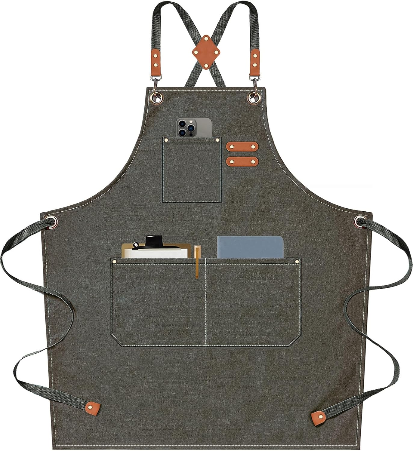 AFUN Chef Aprons for Men Women with Large Pockets, Cotton Canvas Cross Back Heavy Duty Adjustable Work Apron, Size M to XXL (Greygreen)