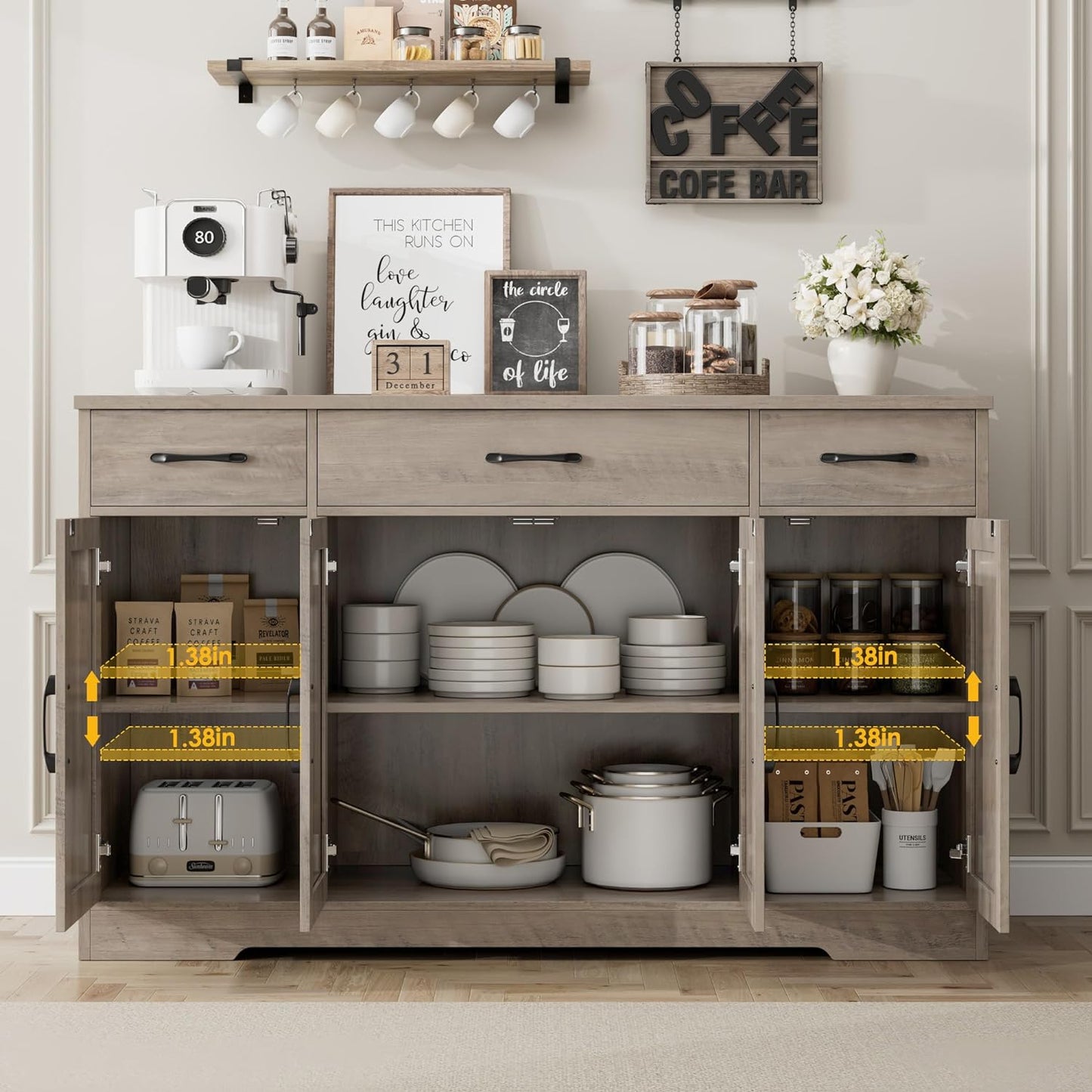 HOSTACK Buffet Sideboard Cabinet with Drawers, 55" Large Buffet Storage Cabinet with Shelves and Doors, Modern Farmhouse Coffee Bar Station for Kitchen, Dining Room, Ash Grey
