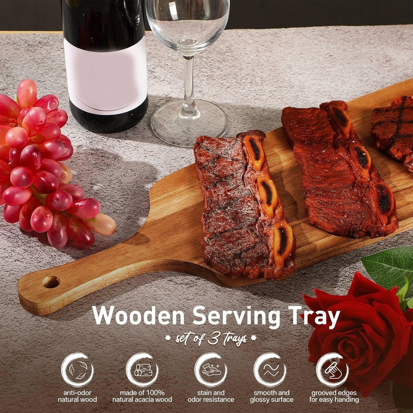 Kathfly 3 Pcs Acacia Wood Cutting Board with Handle Wooden Laser Kitchen Serving Charcuterie Board for Vegetables Meat Pizza Cheese Fruit Bread(24 x 7 Inch)