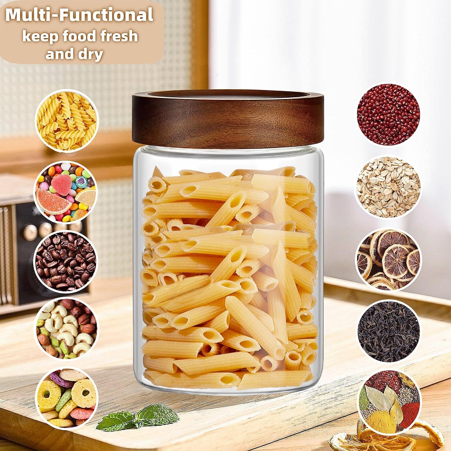 28 Fl oz/850 ml Glass Food Storage Jar, Premium Clear Glass Container Jar with Airtight Wooden Screw Lid, Kitchen Canisters for Coffee,Tea,Pasta,Cookies, Nuts,Spice,Candy,Overnight Oatmeal（Medium）