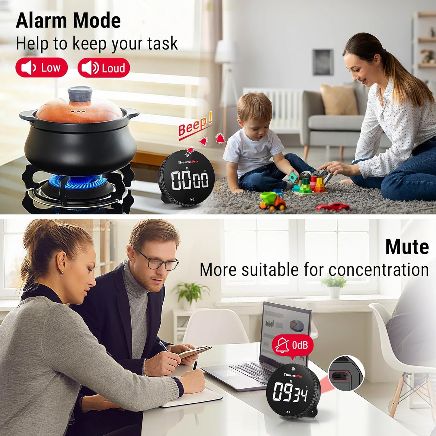 ThermoPro 99-Hour Digital Kitchen Timer with Strong Magnetic & Stable Stand, Classroom Timers with 3-Volume-Level, Stopwatch with Large LED Display, Digital Timers for Classroom, Office & Gym(Black)