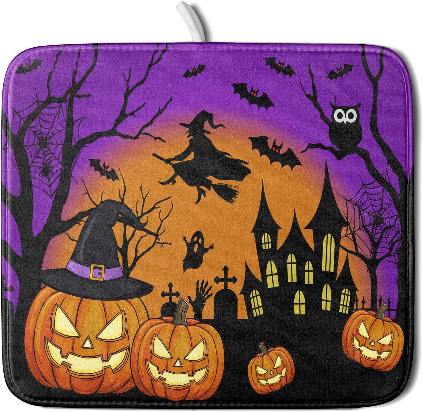 Happy Halloween Pumpkin Dish Drying Mat for Kitchen Counter,Witch Ghost Castle Bat Purple Drying Mat 16 x 18 Inch with High Absorbent Microfiber Drainer Mat for Coffee Bar