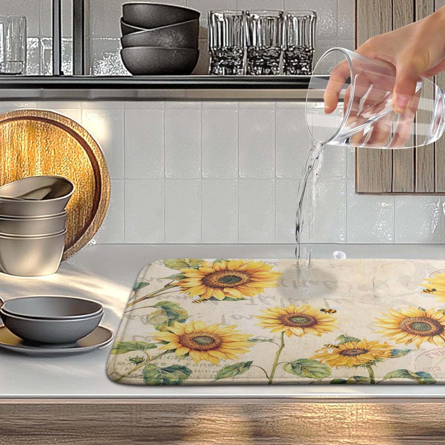 Spring Summer Dish Drying Mat Sunflower Kitchen Dish Drying Pad Absorbent Vintage Drying Mat for Countertops Dish Dryer Mat Microfiber Dishes Drainer Pad Dish Drying Rack Mat (18x24 in)