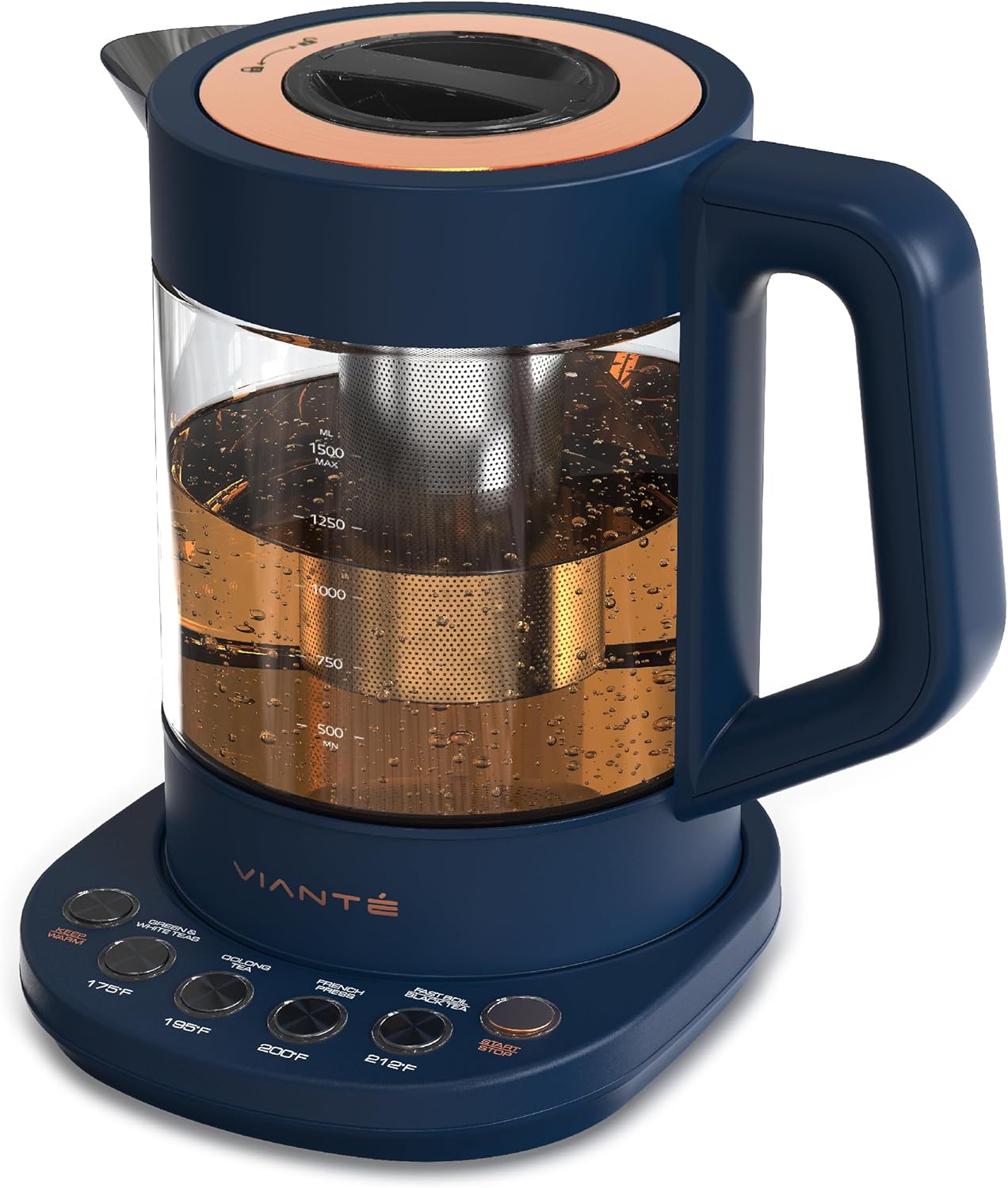 Vianté Electric Kettle With Infuser For Loose Leaf Tea. Hot Tea Maker With Temperature Control And Automatic Shut Off. Kettle With Brewing Programs. 1.5 Liters Capacity | Midnight Blue Color