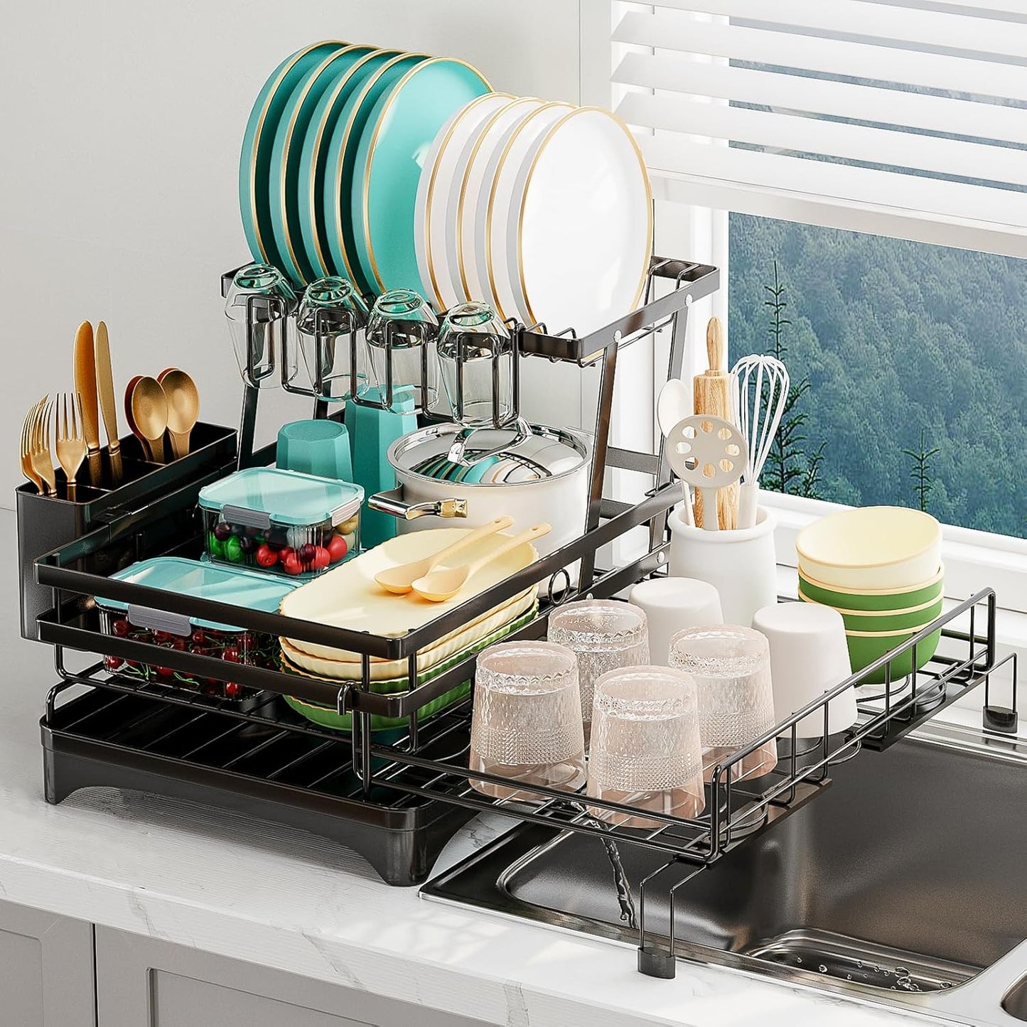 2 Tier Dish Drying Rack - Large Extendable Dish Rack, 2-in-1 Anti-Rust Stainless Steel Dishrack for Kitchen Counter and Sink, Dish Strainer with Utensil Holder & Cup Holder(Black)