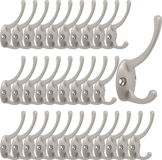 IBosins 32 Pack Silver Coat Hooks Wall Mounted with 64 Screws Retro Double Hooks Utility Silver Hooks for Coat, Scarf, Bag, Towel, Key, Cap, Cup, Hat