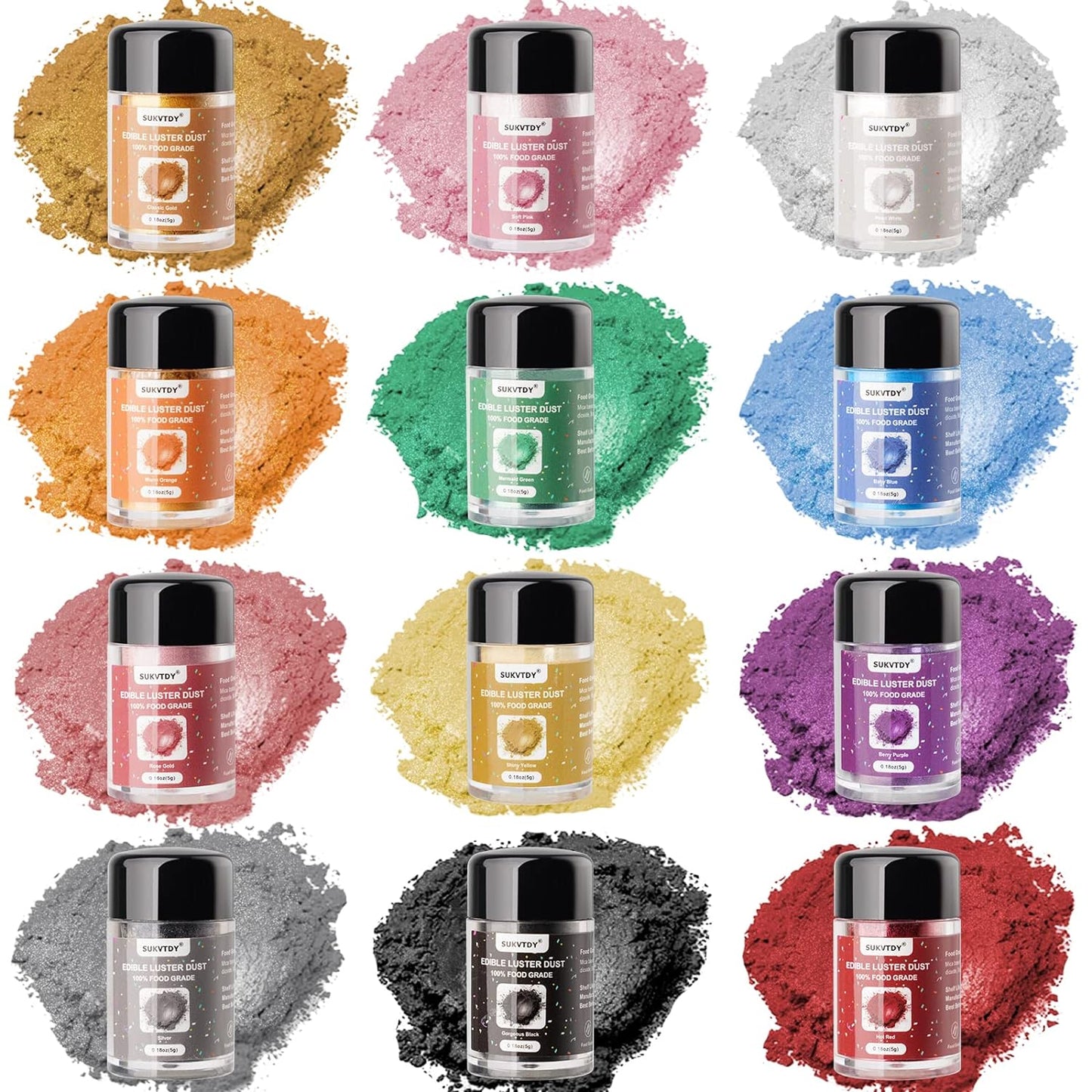 Edible Glitter for Cocktails and Cakes, 12 Colors x 5g Food Grade Shimmer Luster Dust Edible Set, Food Glitter for Drinks Cookies Chocolate