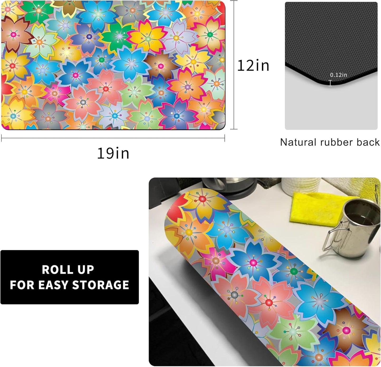 Coffee Mat for Kitchen Counter - Hide Stain Absorbent Dish Drying Mat, Rubber Coffee Bar Mats, Drying Pads, Accessories Fit Under Tea Pot, Cafe Maker, Espresso Machine, Dish Rack, 19"x12", Flowers