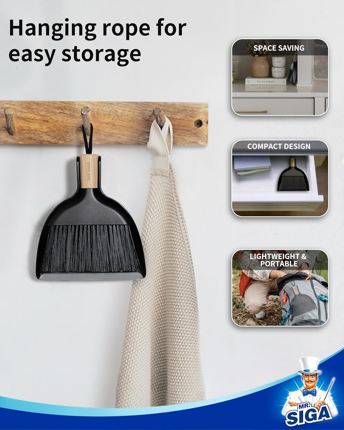 MR.SIGA Mini Dustpan and Brush Set, Portable Cleaning Brush and Dustpan Combo with Bamboo Handle, Black, 1 Set