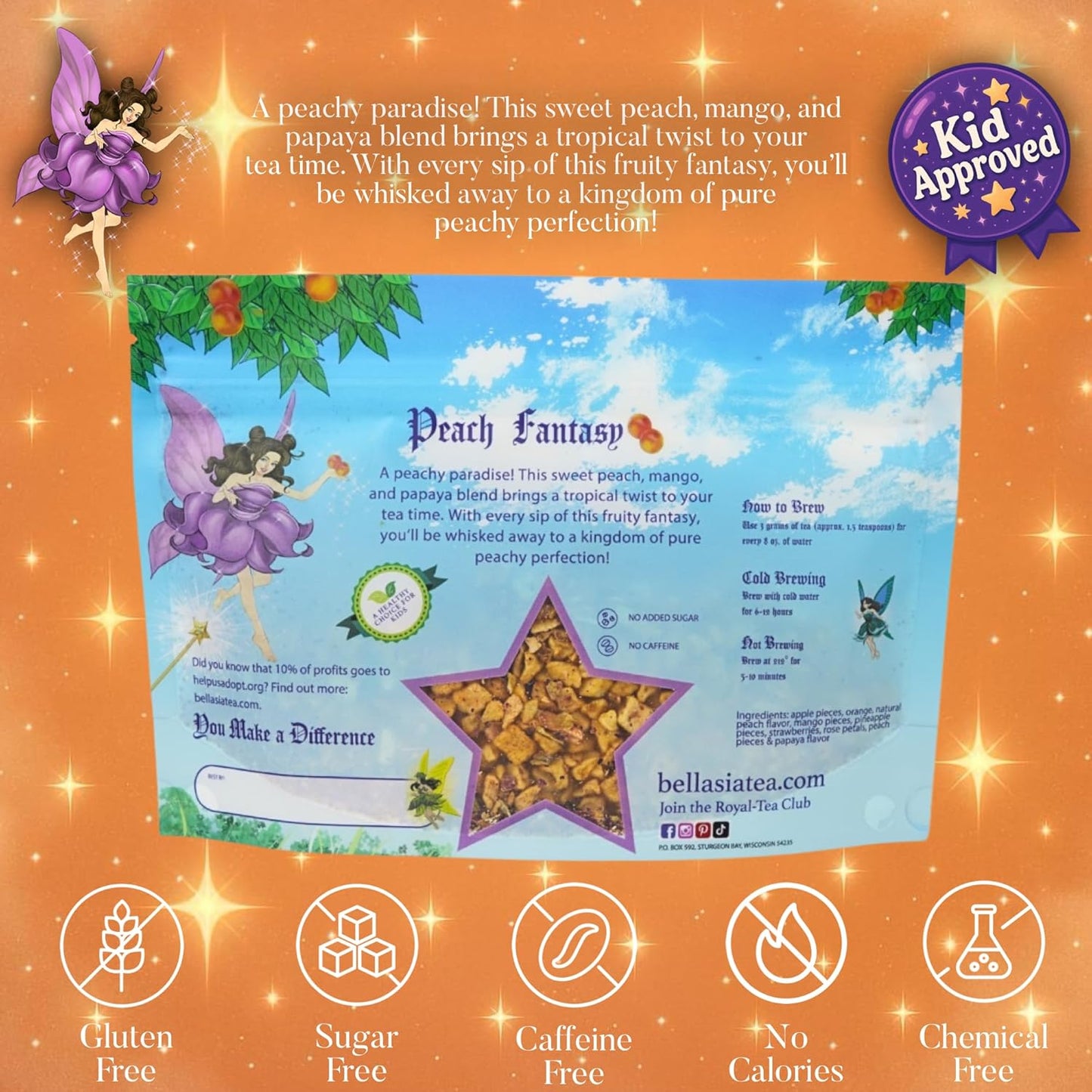 Bellasia Tea Peach Fantasy for Kids Using Real Fruit Pieces - Caffeine Free Herbal Tea Blend with Real Ingredients & Balanced Flavor- Add Loose Leaf Tea to Your Child’s Routine for A Fun & Tasty Drink. 20-25 Cups