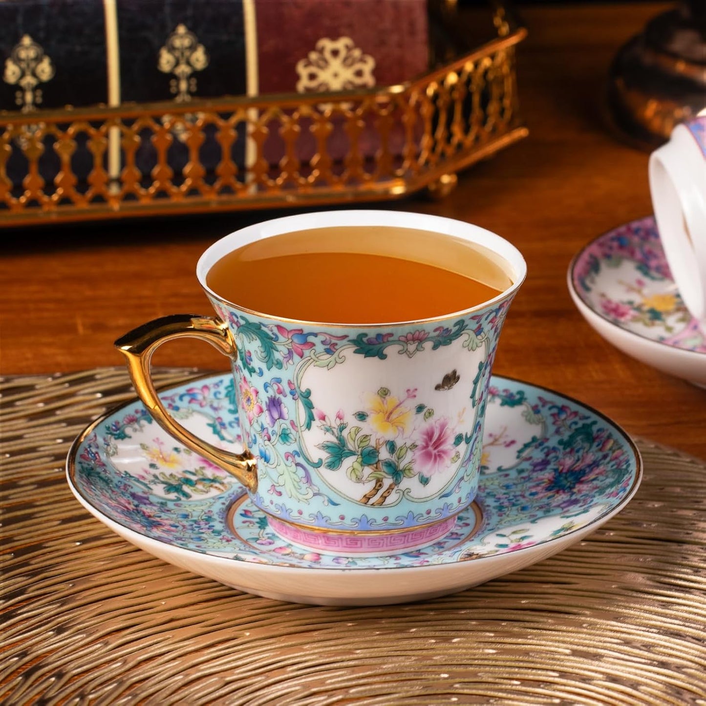 KAMMAK Tea Cups and Saucers Set of 2, Porcelain Coffee Cups with Saucer for Espresso, Cappuccino, 8oz Vintage Pink and Blue Ceramic Demitasse Mug for Home, Tea Party, Office