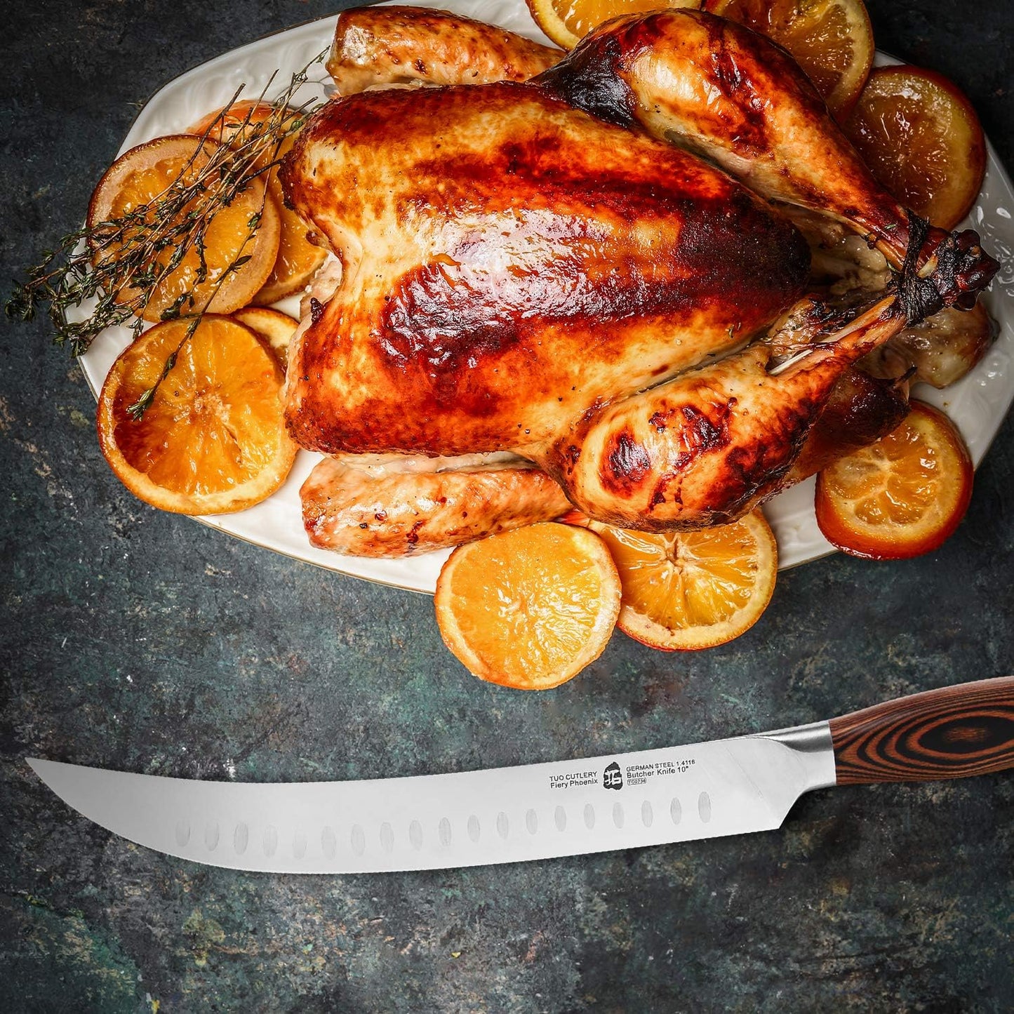 TUO Cimitar Butcher Knife - 10 inch Curved Breaking Knives for Slicing & Carving Pro Meat Chopping Cleaver - German HC Steel Full Tang Pakkawood handle - Fiery Series Gift Box Included