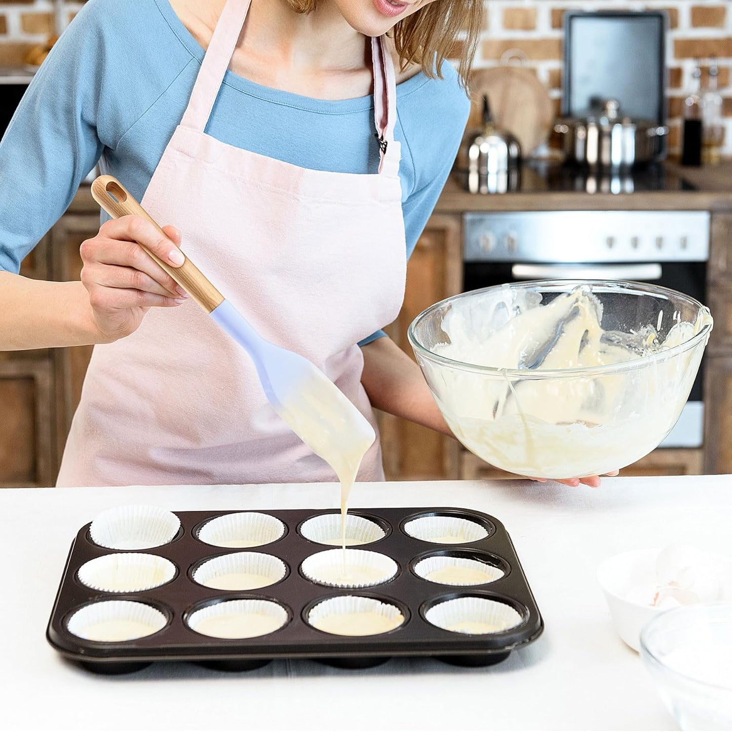 Wooden Handle Silicone Rubber Spatula Set for Kitchen Baking, Cooking, and Mixing High Heat Resistant Non Stick Dishwasher Safe BPA-Free Black+blue Set of 2 (Wooden handle spatula-Two-color)