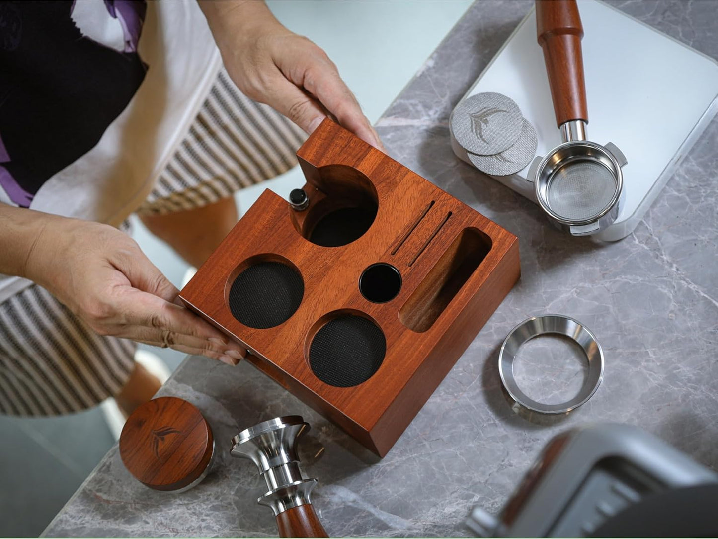 Rosewood Espresso Workstation – Wooden Tamping Station Organizer 54mm & Coffee Knock Box Kit | Barista Tool Holder & Coffee Puck Disposal Bin for Breville Machines
