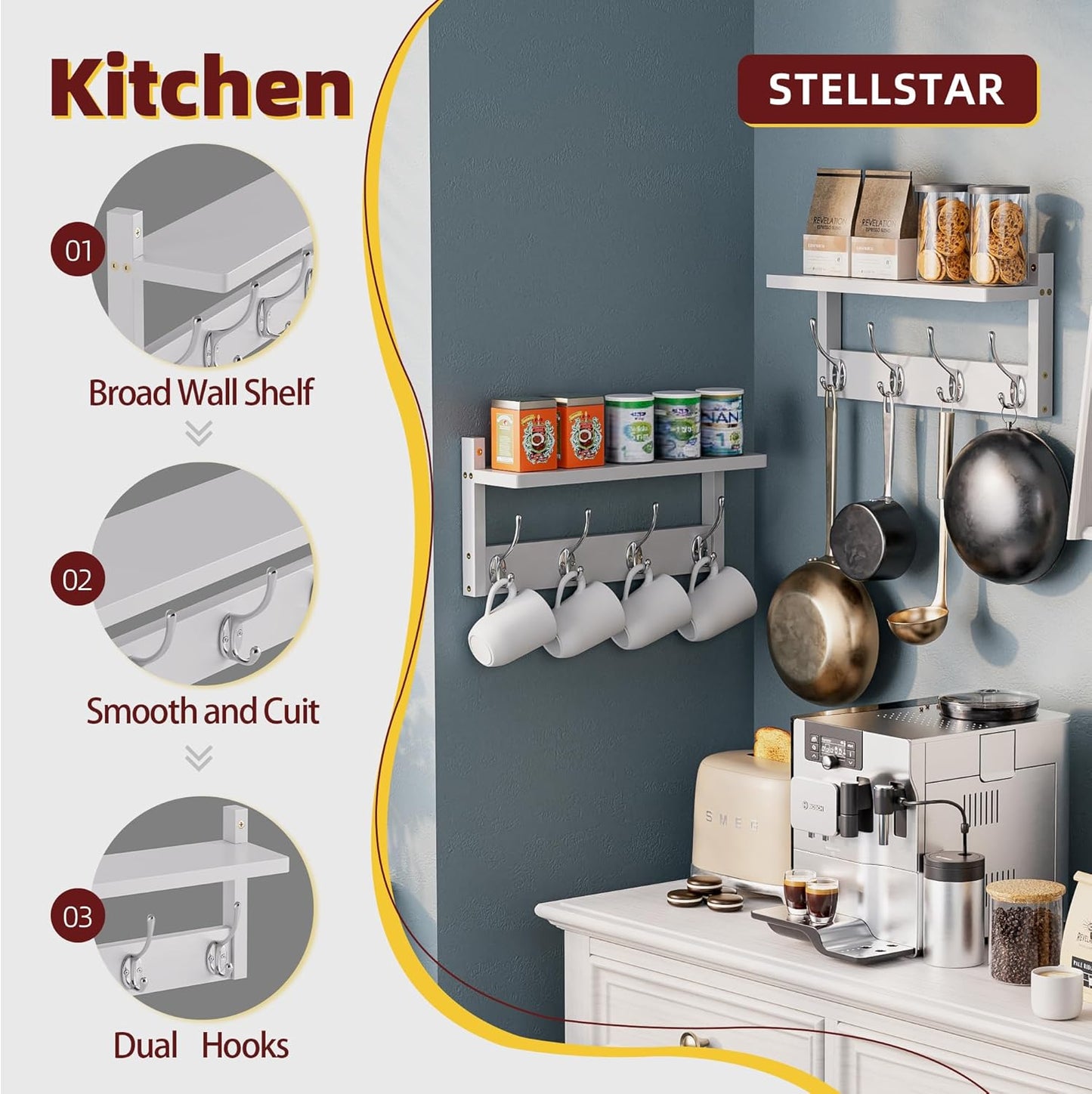 2 Pack Coat Rack Wall Mount, Bamboo Coat Hook with Storage Shelf, Coat Hanger with 8 Dual Hooks, Wall Floating Shelf for Entryway Hallway Kitchen, Bathroom, Bedroom (White+Slive)