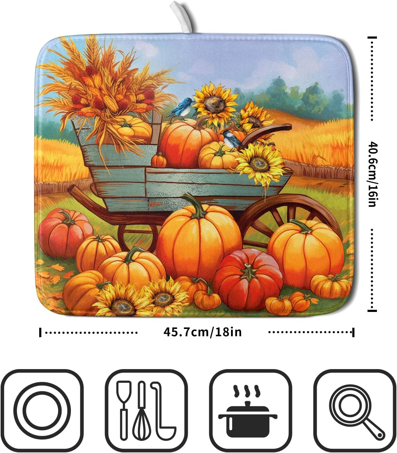 Thanksgiving Autumn Harvest Pumpkin Dish Drying Mat for Kitchen Counter,Sunflowers and Cart Drying Mat 16 x 18 Inch Microfiber Dish Drying Pad Ear of Rice Dish Rack Drainer Mat for Coffee Bar