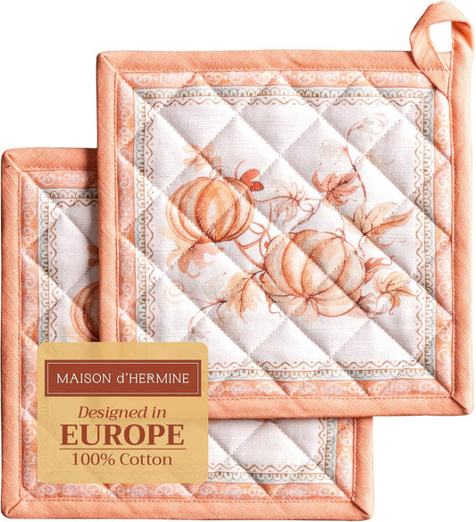 Maison d' Hermine Pot Holders Set 100% Cotton Heat Resistant Potholders 8" x 8" Hot Pads with Loop BBQ, Cooking, Baking, Grilling, Kitchen, Handling Hot Pans (Pack of 2, Giving Thanks)