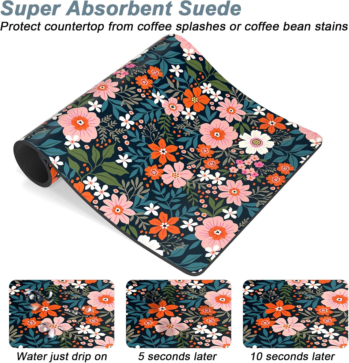 Rnivvi Coffee Mat, 12" x 19" Cute Coffee Bar Mats for Espresso Machine Station Accessories and Organizer, Hide Stain Rubber Backed Absorbent Dish Drying Pad for Kitchen Counter, Floral Cartoon