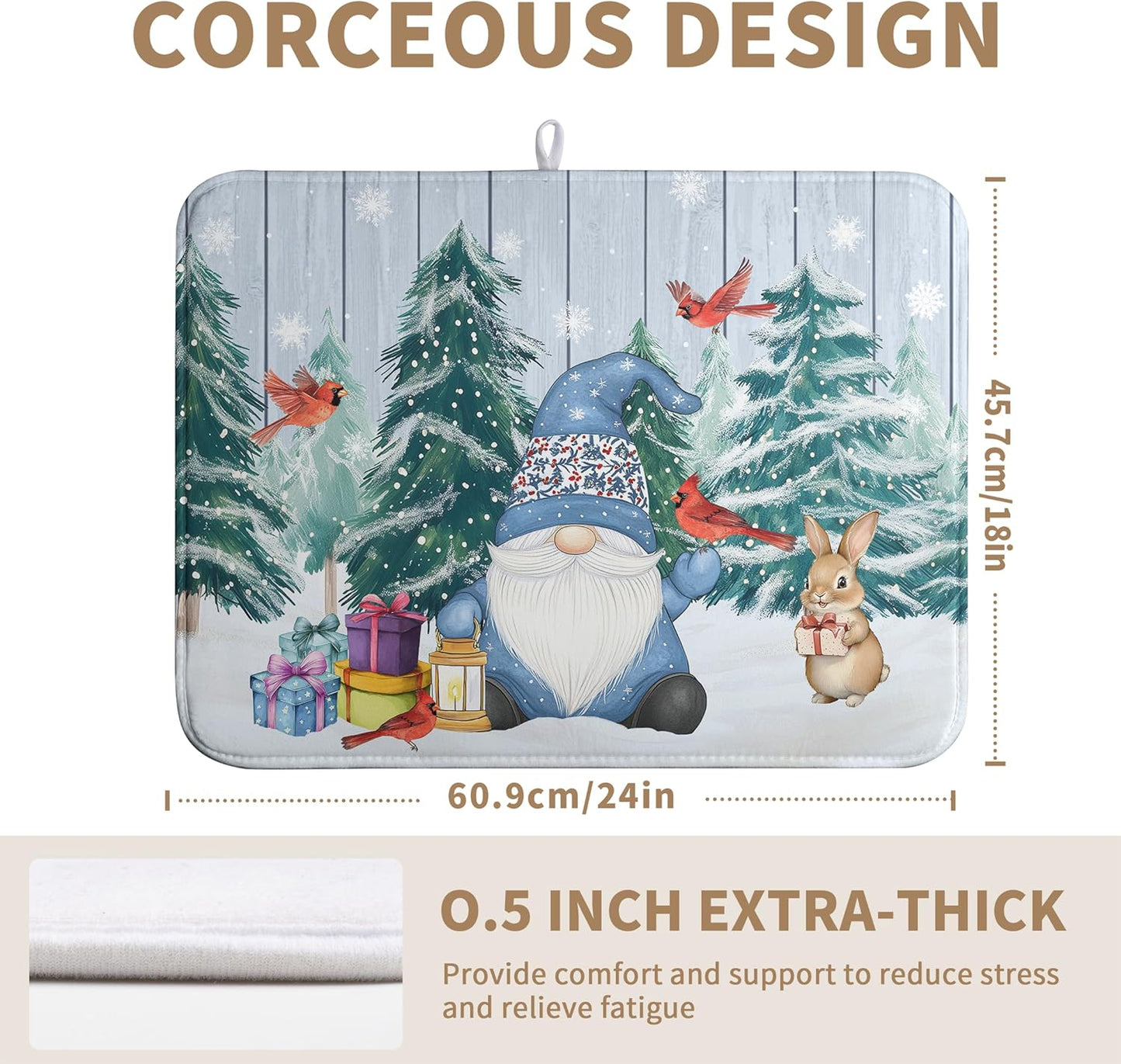 Winter Gnome Dish Drying Mat Christmas Tree Snowman Large Kitchen Mats Dish Drying Pad Bird Absorbent Dish Dryer Mat for Kitchen Countertops Microfiber Drainer Pad Dish Drying Mats (18x24 in)