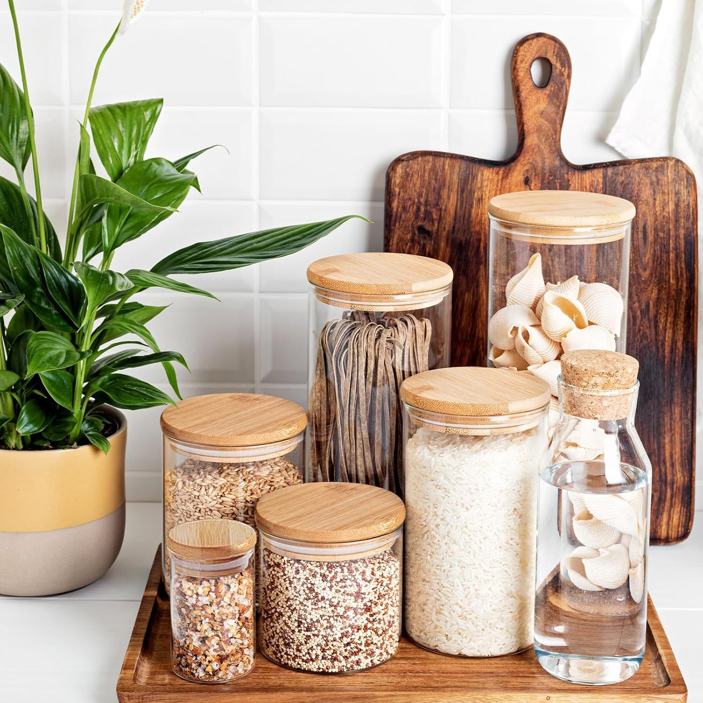 53oz Glass Food Storage Jars, Glass Jars with Bamboo Lids, Kitchen Storage Jars, Set of 4, Canisters with Airtight Lids for Spice, Coffee, Cookie, Pantry Organizers