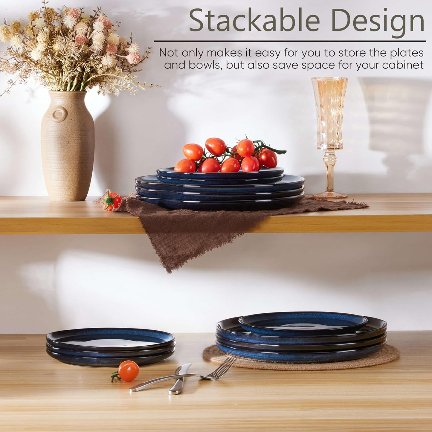 Herogo 6-Piece Stoneware Dinner Plates Set, 10.43" Ceramic Round Plate Set, Double Reactive Glaze Large Dinnerware Plates for Kitchen, Microwave, Oven and Dishwasher Safe, Starry Blue