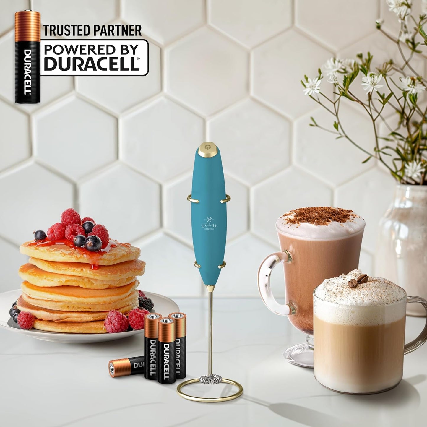 Zulay Kitchen Powerful Milk Frother Wand With 4 AA Duracell Batteries - Ultra Fast Handheld Drink Mixer - Electric Whisk Foam Maker for Coffee, Lattes, Cappuccino, Matcha & Creamer -