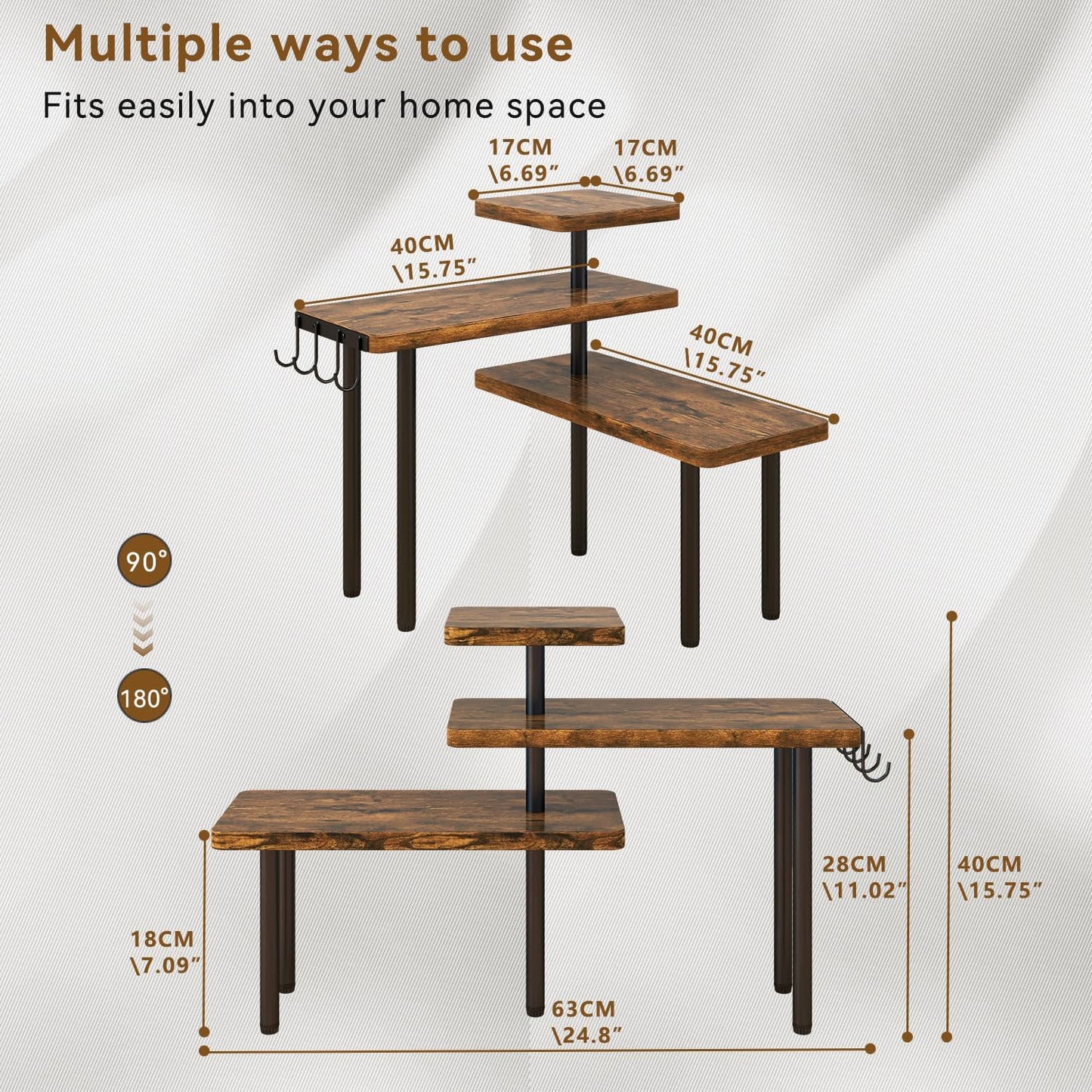 IBUYKE Countertop Organizer,3-Tier Spice Racks,Kitchen Counter Corner Shelf,4 Side Hooks,Adjustable Countertop Shelf for Kitchen, Bathroom, Coffee Bar, Cabinet, Desk,Rustic Brown,TLJ023H