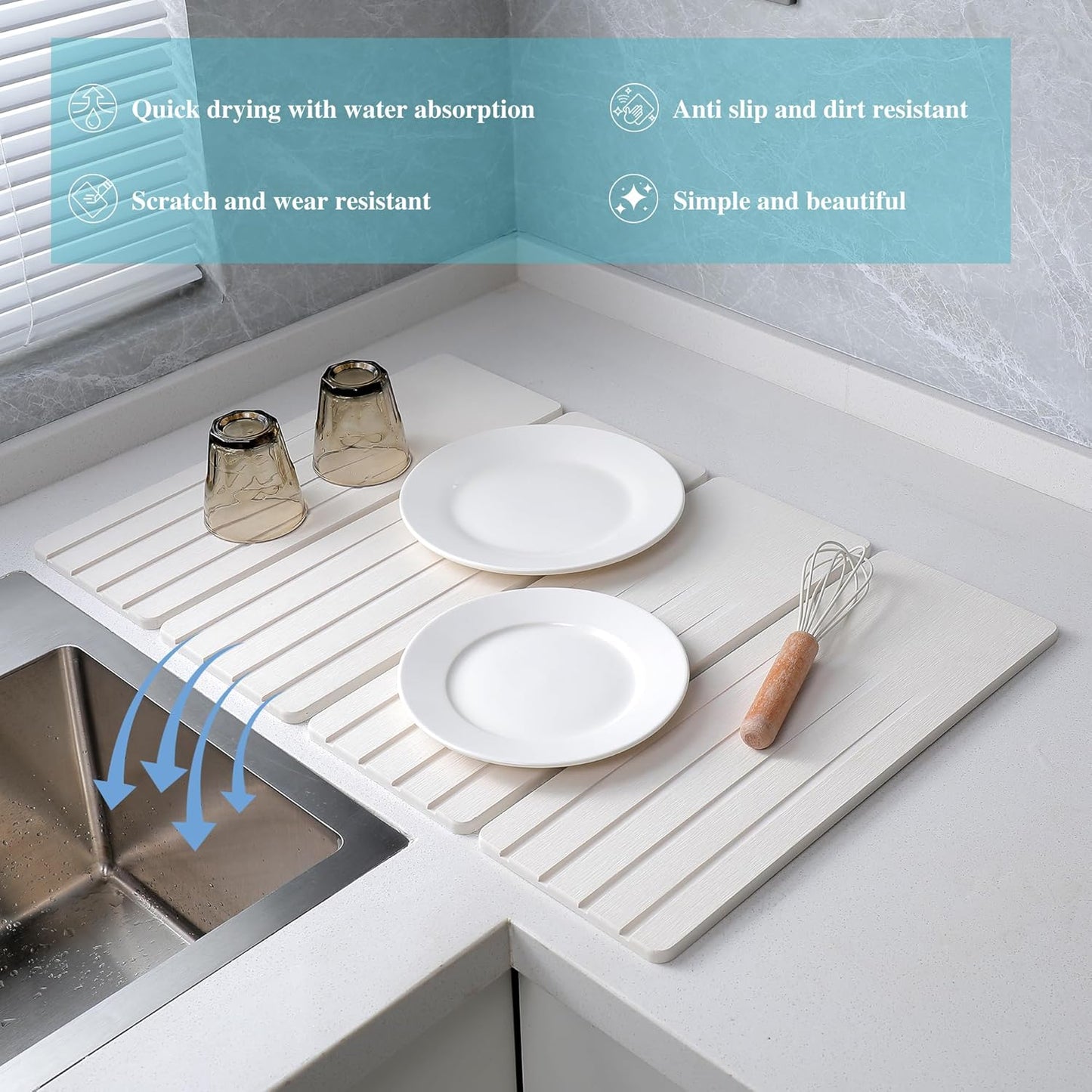 Extral Large Quick Dry Stone Drying Mat for Kitchen Counter,28x16 Inch Collapsible Eco-Friendly Absorbent Diatomaceous Earth Mat for Dishes Cups (White-Upgraded Version, 24x16 inch)