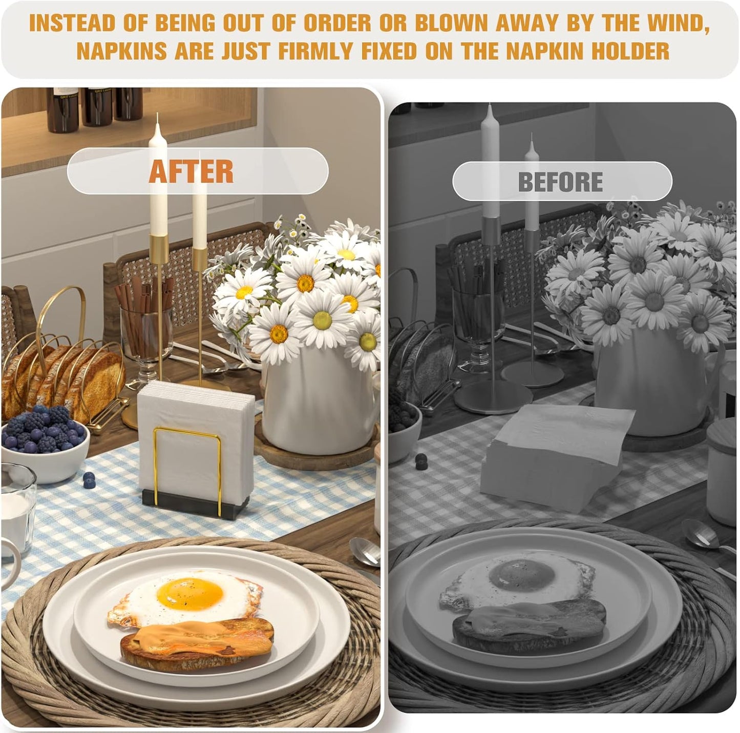 Napkin Holder for Table, Gold Kitchen Accessories for Dining Table Farmhouse Cocktail Picnic Rustic Bamboo Iron Wood Holders for Mail Bills Suitable for All Dining Room Decor Gold & Black