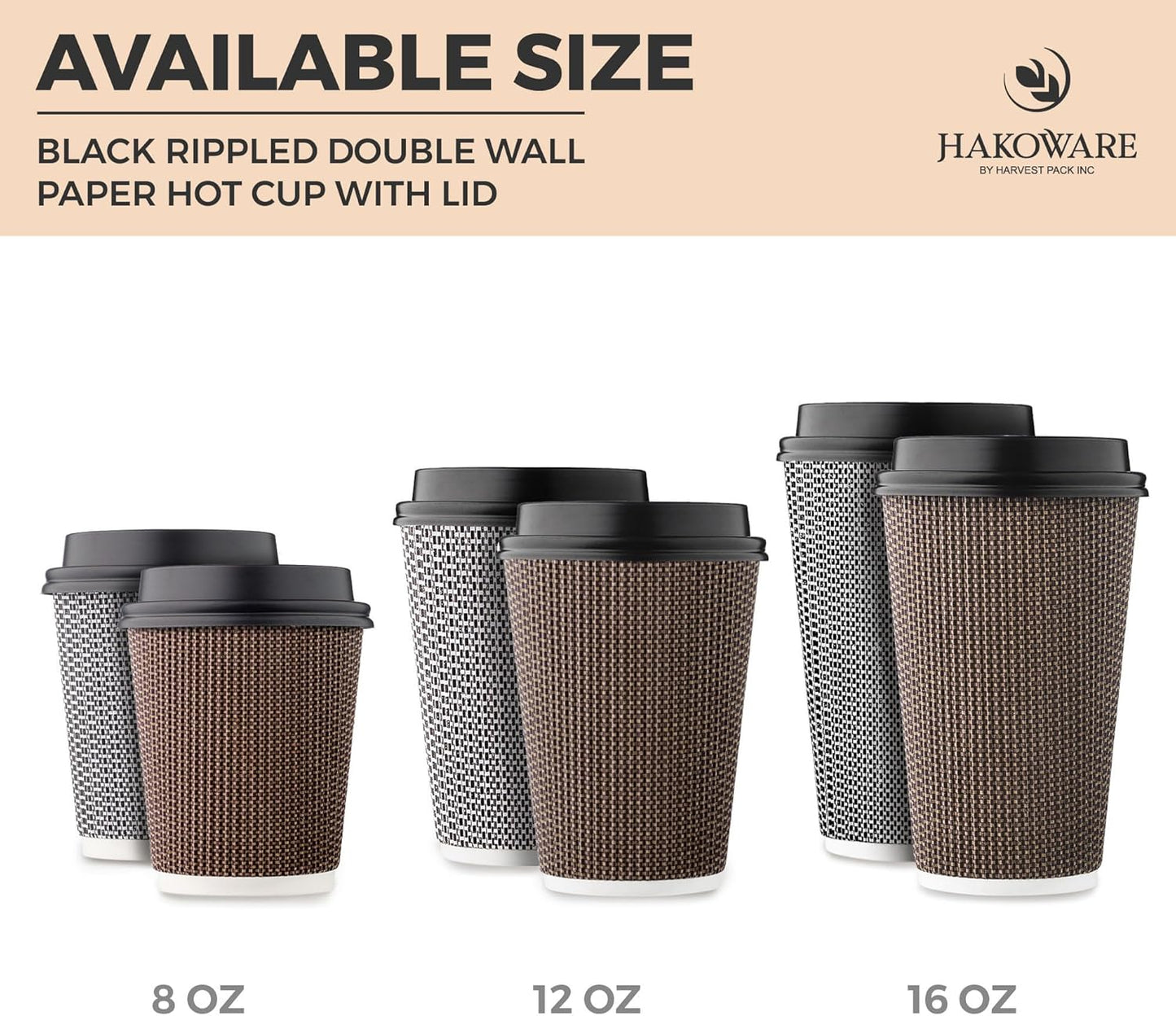 [340 SET]Harvest Pack 16 oz Disposable Coffee Cups, Insulated Ripple Double-Walled Paper Cups with Lids, Black and White Geometric, Bulk Drinking Cups for Tea Hot Chocolate Drinks To go coffee cups