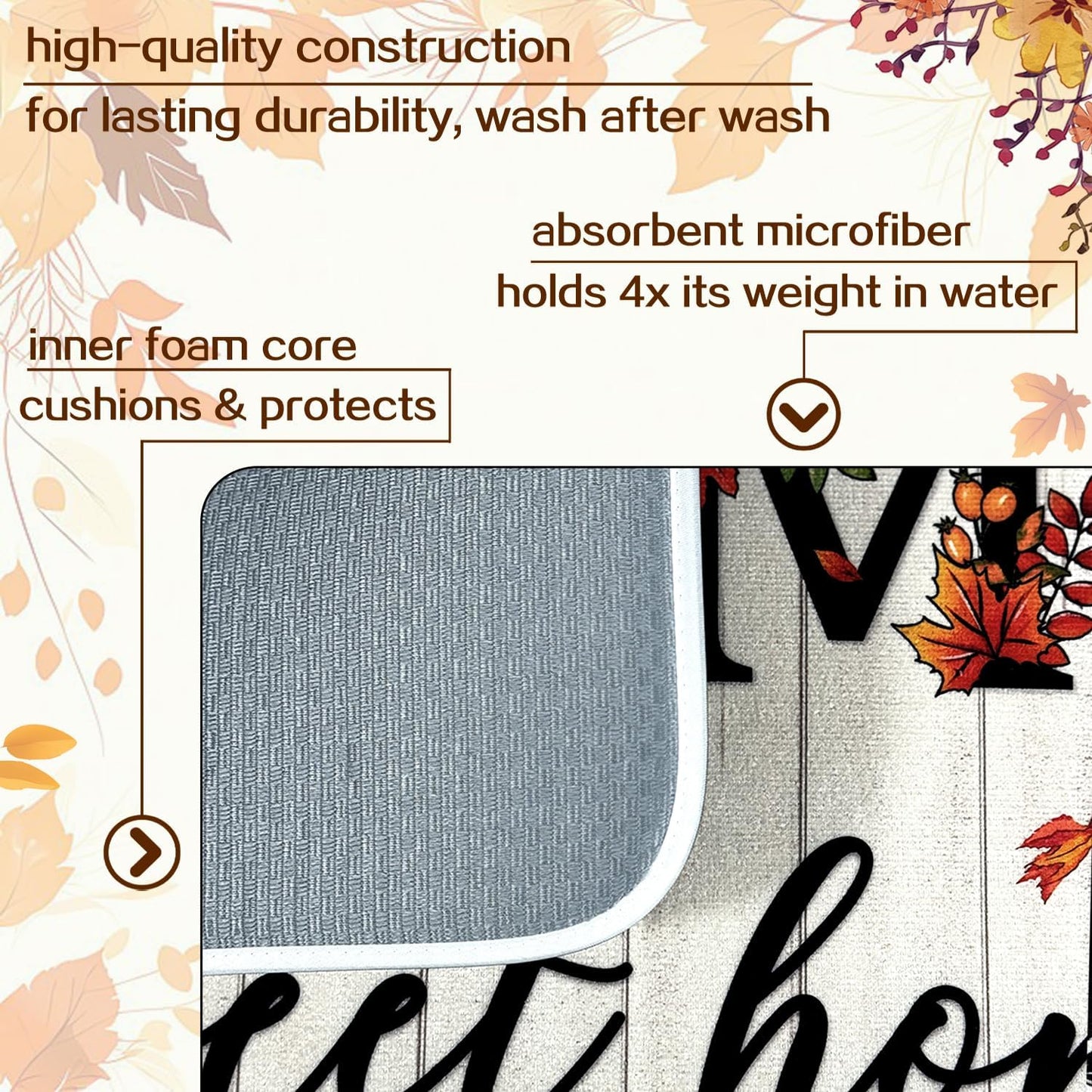 Autumn Fall Drying Mat Kitchen Countertop Pumpkin Black And White Check sweet Home 18 X 24 Inch Kitchen Coffee Bar Decoration, Absorbent Drying Mat