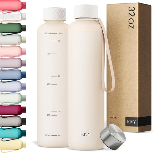 KIVY Slim Water Bottle 32oz [Lightweight & Shatterproof] Fits Backpack & Cupholder for Travel, Sports, School - Beige water bottle no straw - Cute aesthetic water bottles screw top - Dishwasher Safe